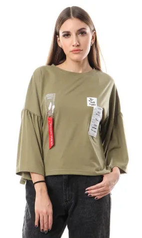 57617 Stitched Patched Wide Sleeves Top - Olive