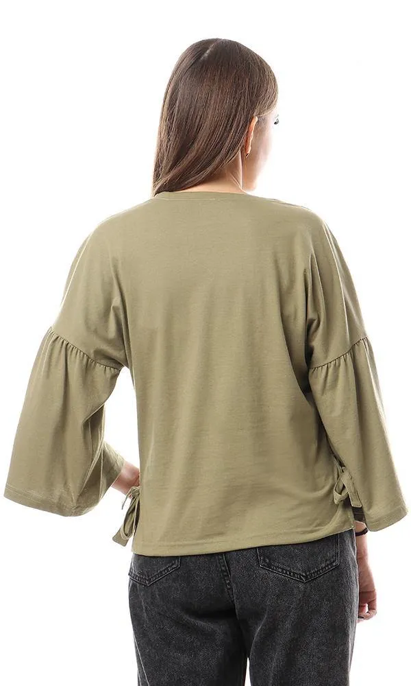 57617 Stitched Patched Wide Sleeves Top - Olive