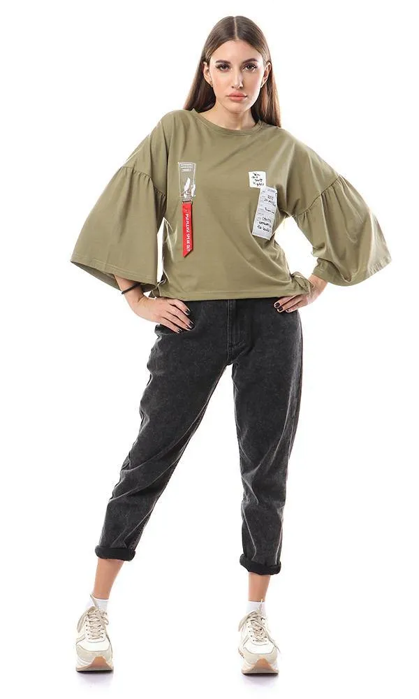 57617 Stitched Patched Wide Sleeves Top - Olive