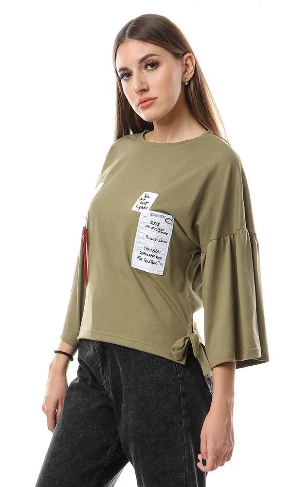57617 Stitched Patched Wide Sleeves Top - Olive