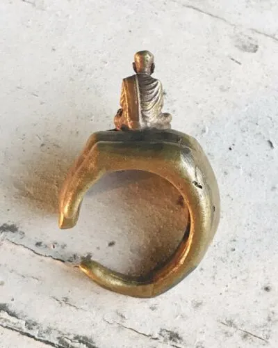 Antique Brass Hindu Spiritual Devotee Monk Sitting on Hand Ring Size 10.5-11