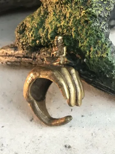 Antique Brass Hindu Spiritual Devotee Monk Sitting on Hand Ring Size 10.5-11