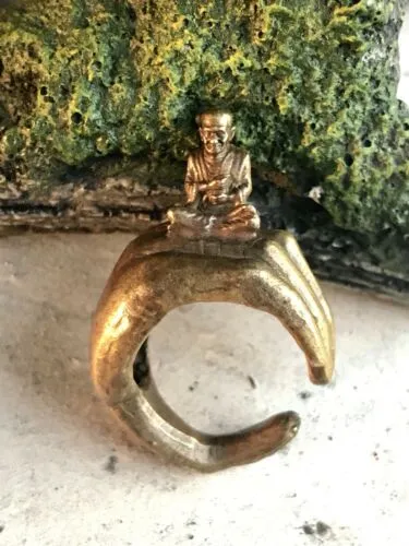 Antique Brass Hindu Spiritual Devotee Monk Sitting on Hand Ring Size 10.5-11