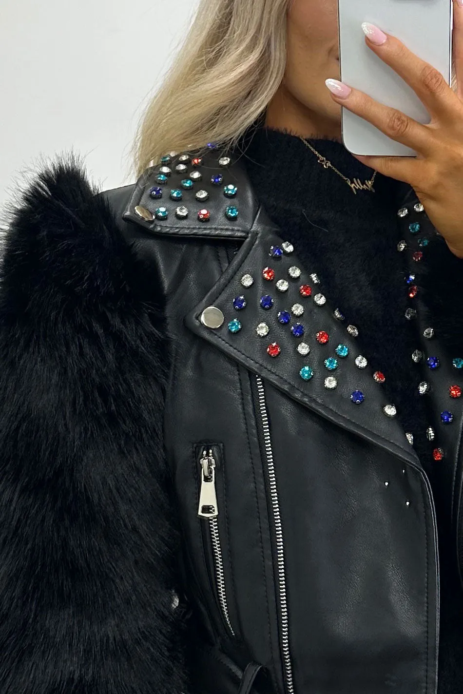 Arika Black Faux Leather PU Embellished Faux Fur Biker Jacket