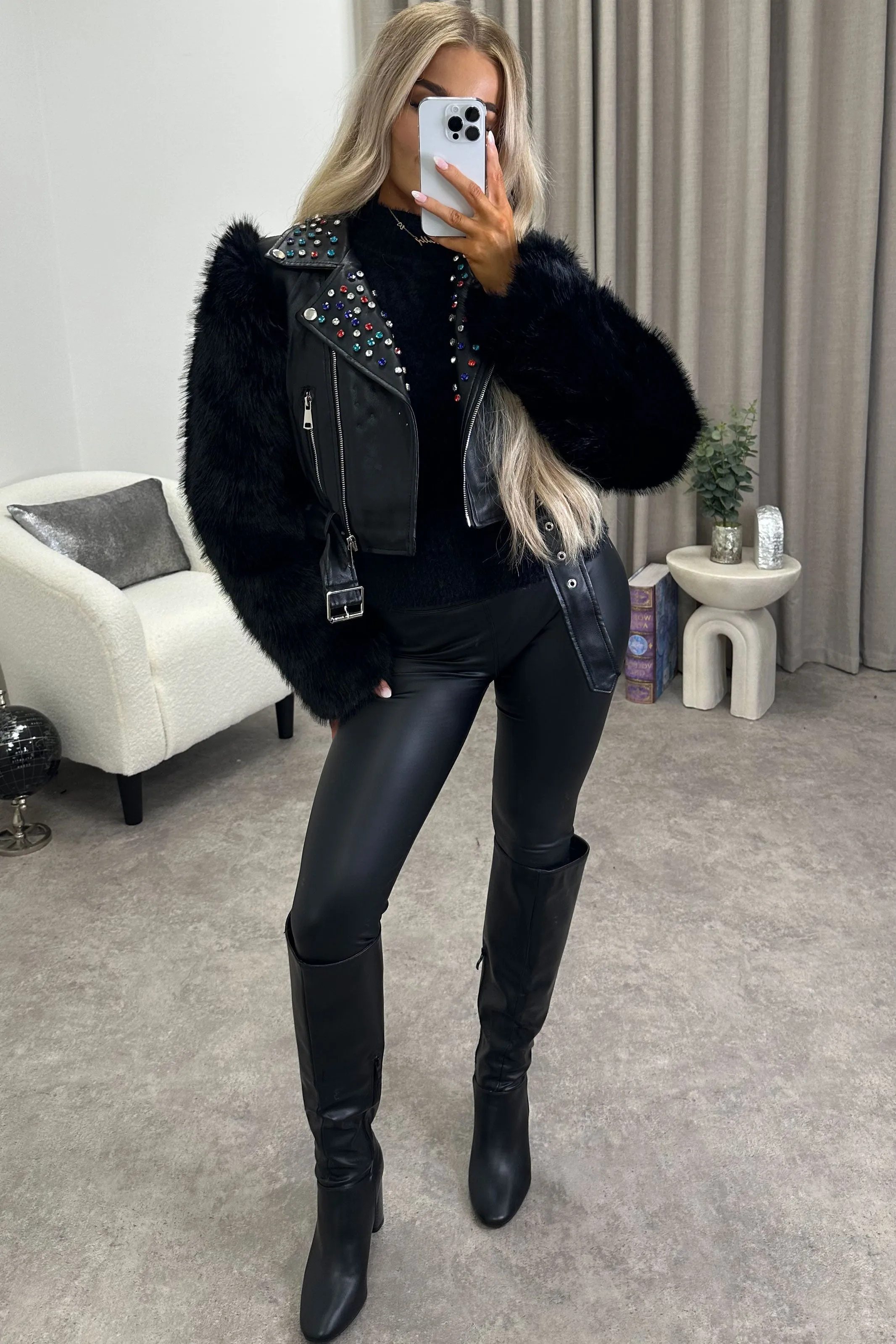 Arika Black Faux Leather PU Embellished Faux Fur Biker Jacket