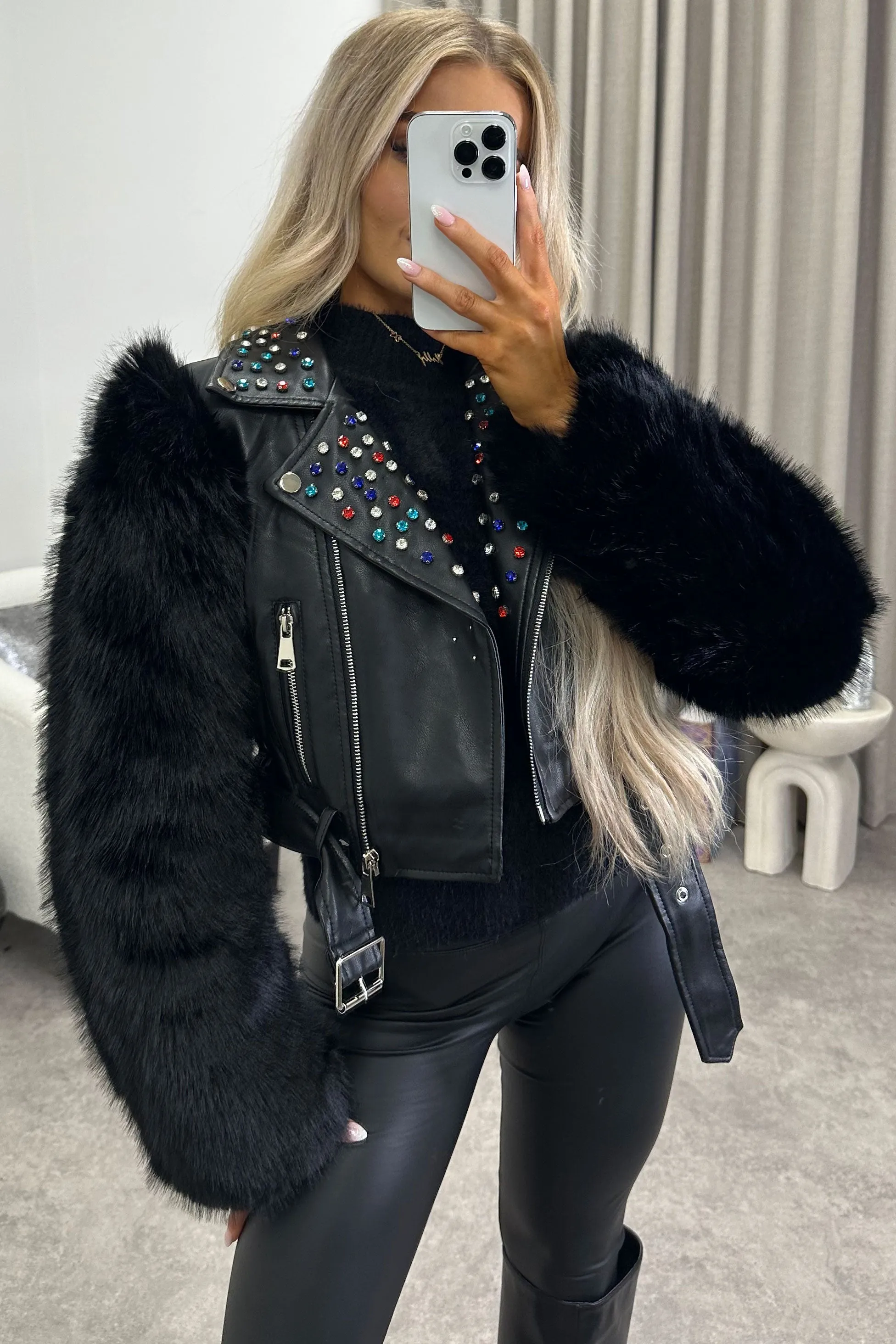 Arika Black Faux Leather PU Embellished Faux Fur Biker Jacket