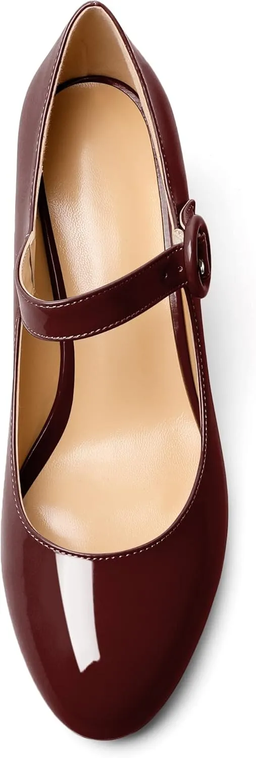 AUMOTED Women's Mary Jane Block Chunky Heels Pumps Close Round Toe Patent Heels Pumps 2.5 Inch Ladies Work Office Dress Shoes