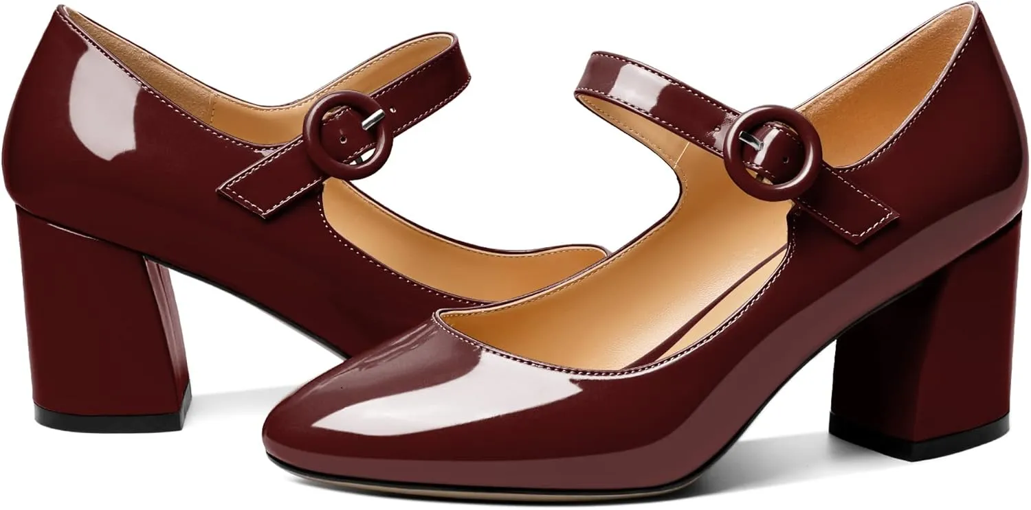AUMOTED Women's Mary Jane Block Chunky Heels Pumps Close Round Toe Patent Heels Pumps 2.5 Inch Ladies Work Office Dress Shoes