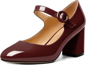 AUMOTED Women's Mary Jane Block Chunky Heels Pumps Close Round Toe Patent Heels Pumps 2.5 Inch Ladies Work Office Dress Shoes