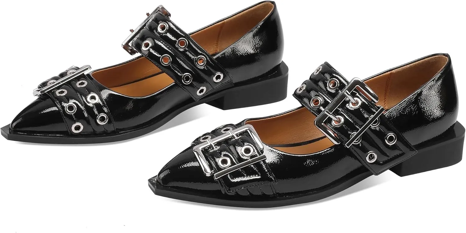 Ballerina Flats for Women Pointed Toe Flats With Studs Buckle Ballet Flats Comfortable low heeled flats