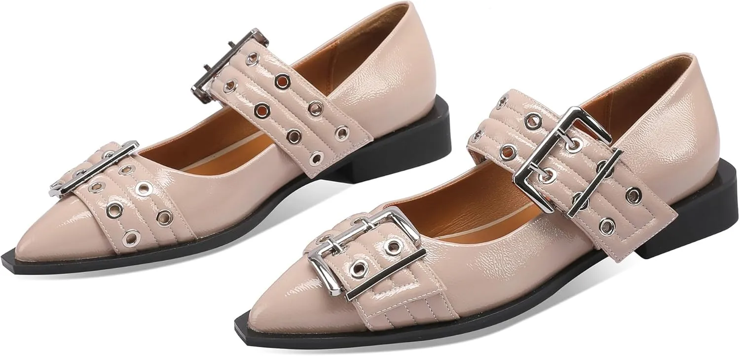 Ballerina Flats for Women Pointed Toe Flats With Studs Buckle Ballet Flats Comfortable low heeled flats