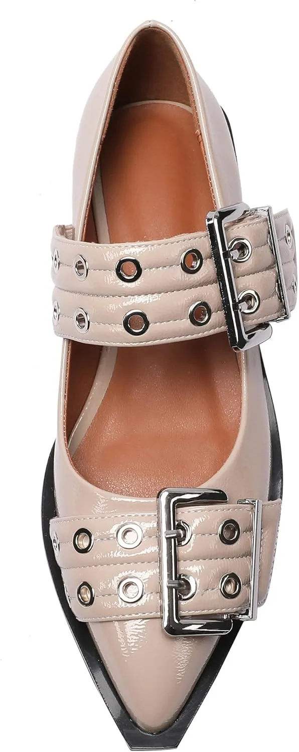 Ballerina Flats for Women Pointed Toe Flats With Studs Buckle Ballet Flats Comfortable low heeled flats