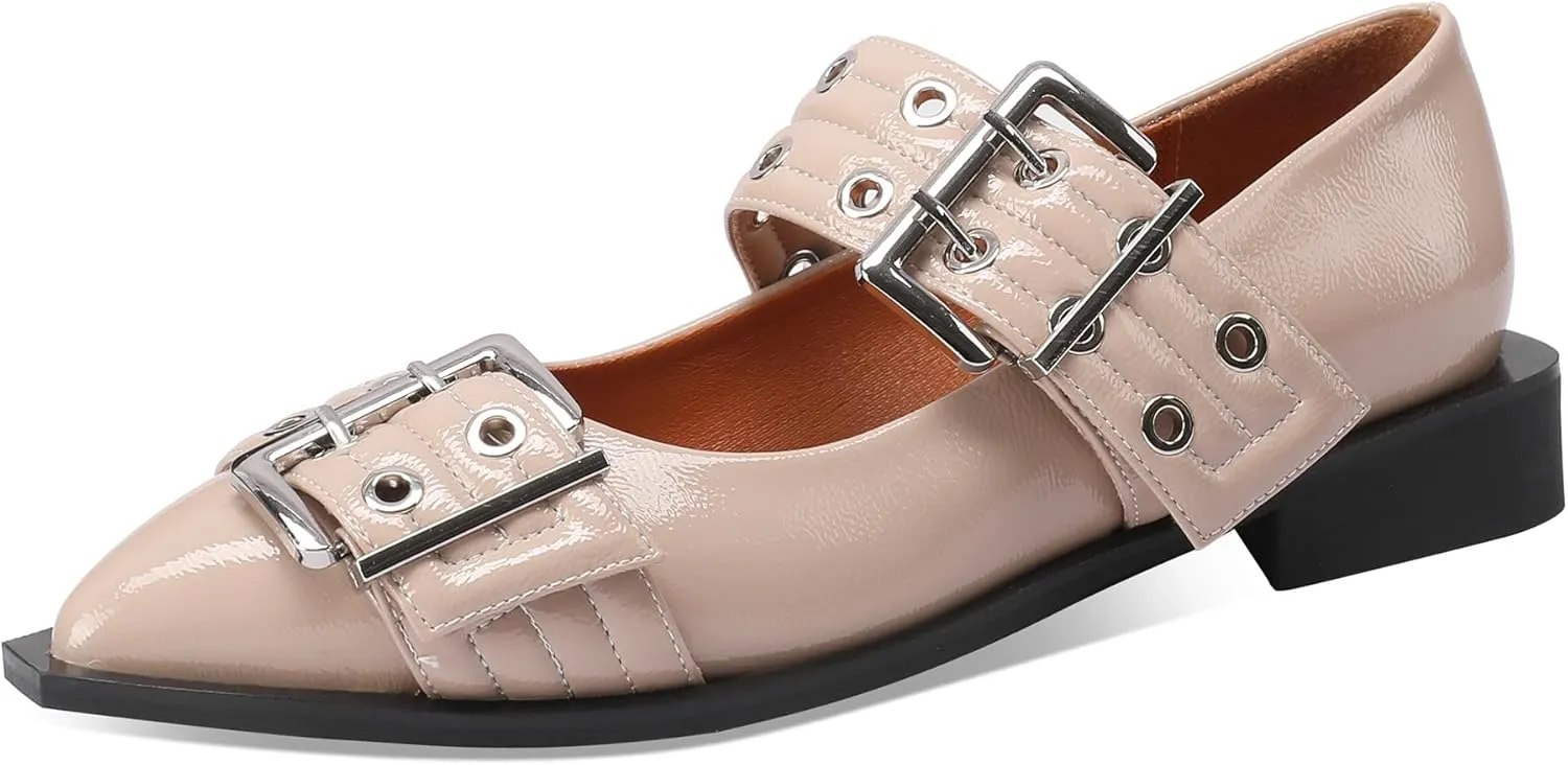 Ballerina Flats for Women Pointed Toe Flats With Studs Buckle Ballet Flats Comfortable low heeled flats