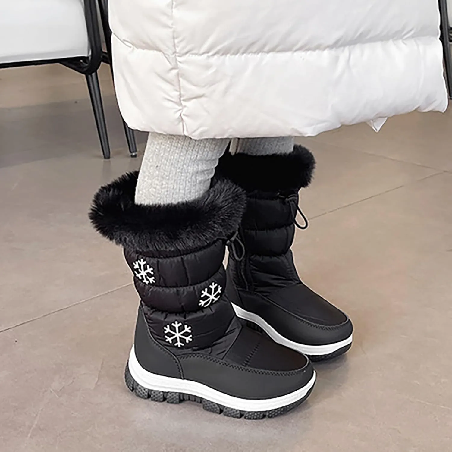 Boys Girls Snow Boots Outdoor Warm Cozy Anti-Slip Mid Calf Faux Fr ining Insulated Shoes for Little/Big Kids