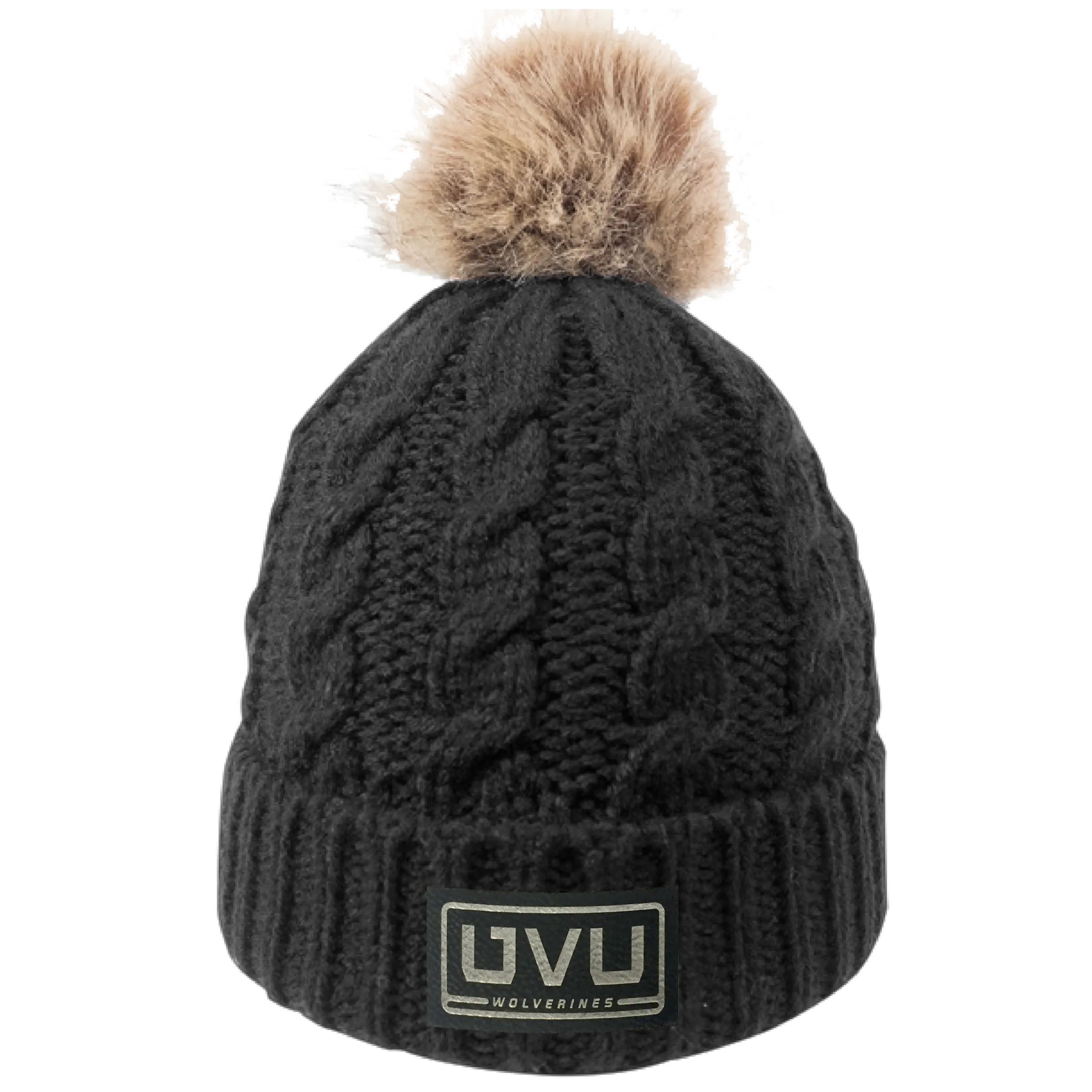 Cable Knit Beanie With Faux Fur Pom- Pleather Mono Patch