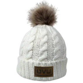 Cable Knit Beanie With Faux Fur Pom- Pleather Mono Patch