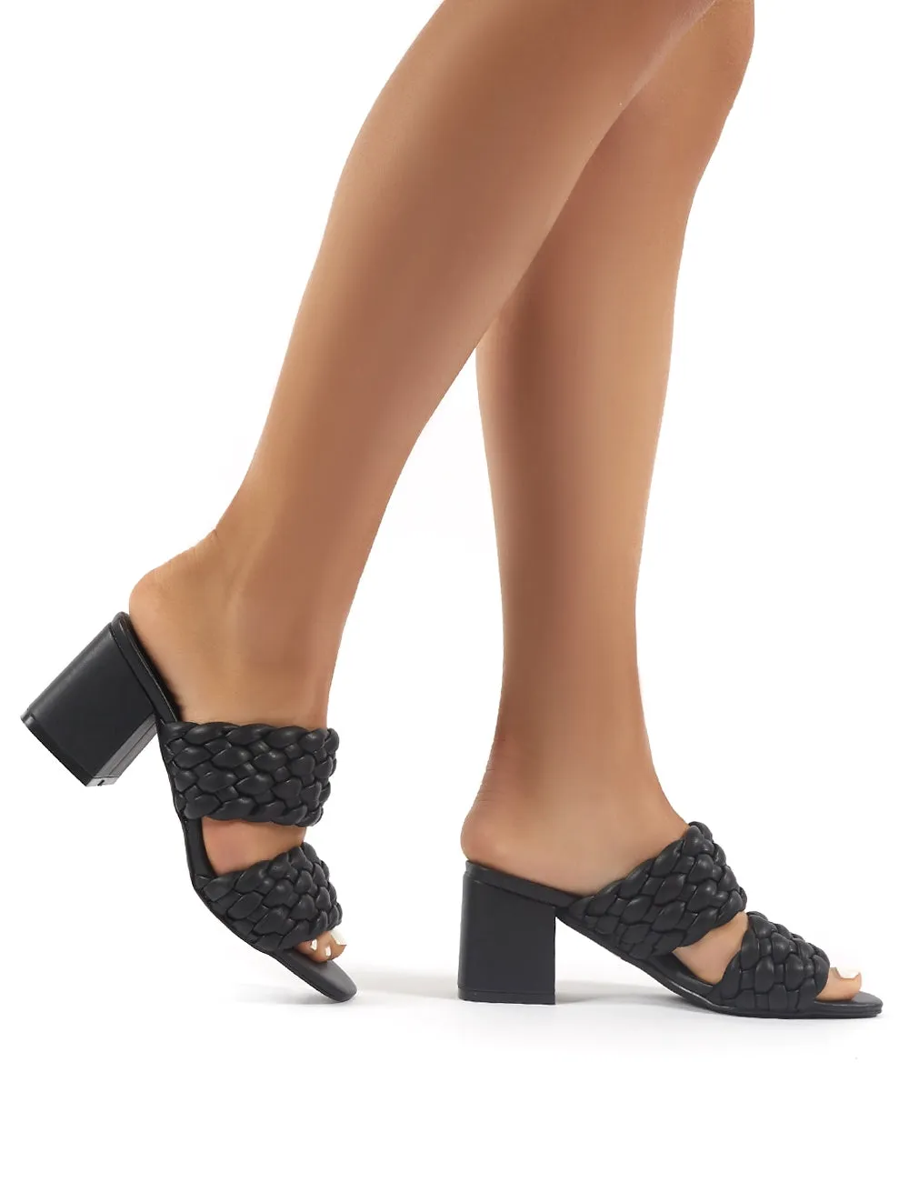 Chelsee Black PU Block Heeled Mules
