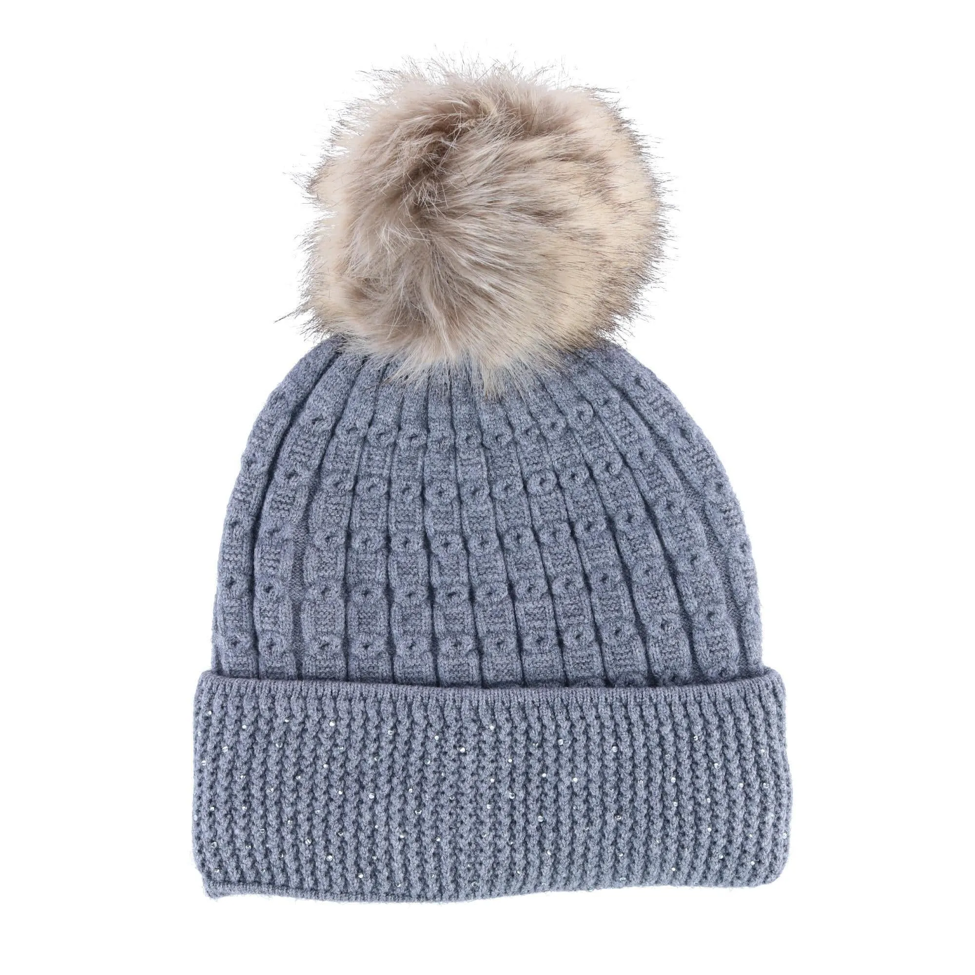 Connex Gear Women's Brushed Knit Cuff Hat with Rhinestone Brim and Pom