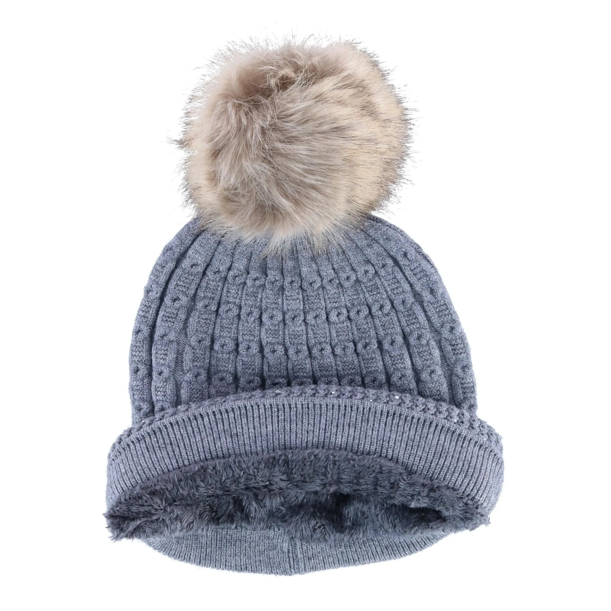 Connex Gear Women's Brushed Knit Cuff Hat with Rhinestone Brim and Pom