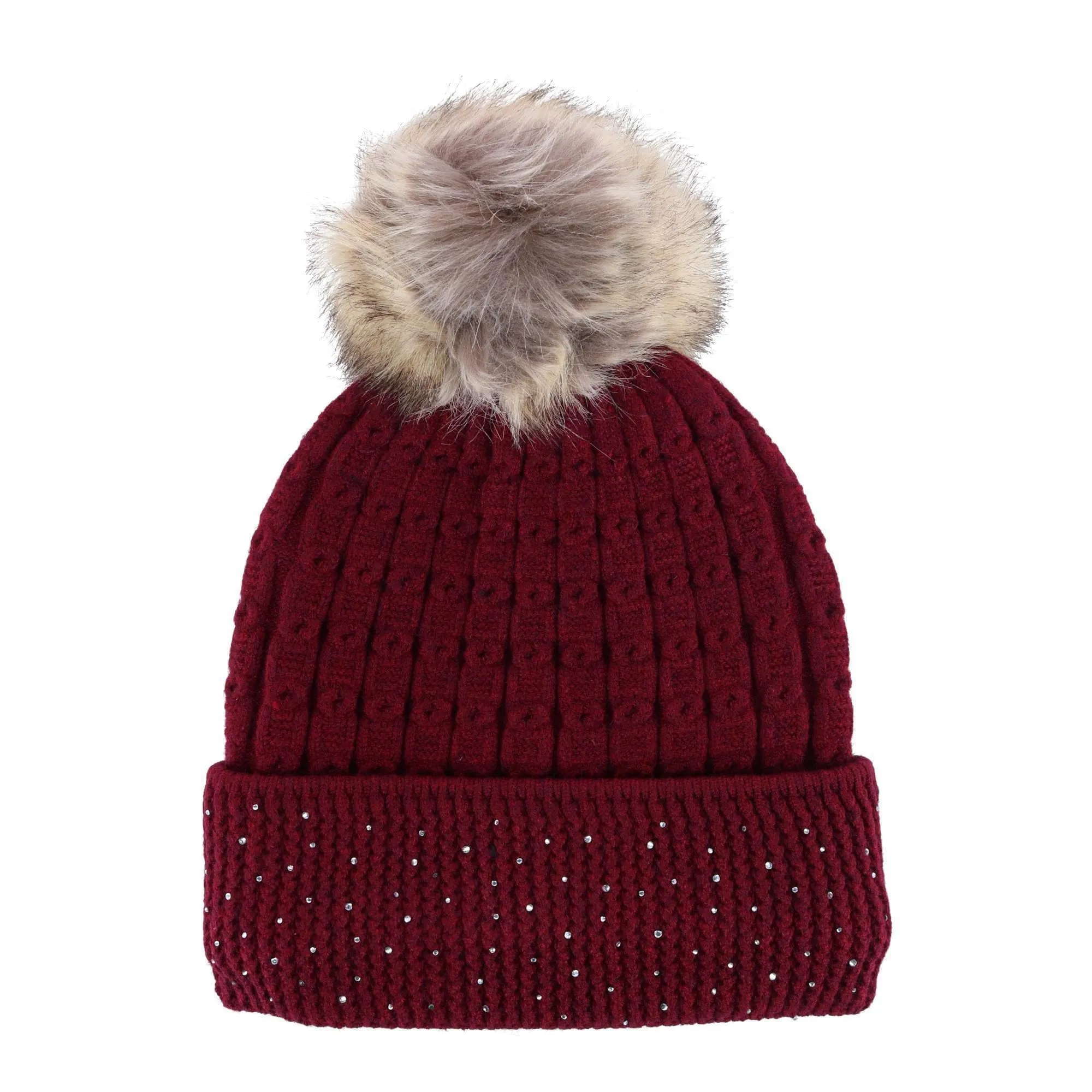 Connex Gear Women's Brushed Knit Cuff Hat with Rhinestone Brim and Pom