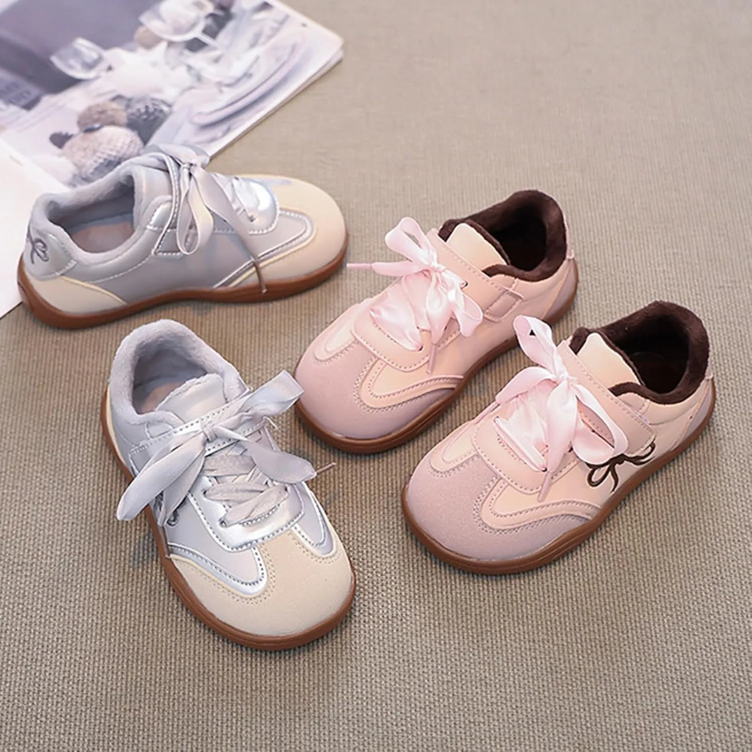 Girls Bowknot Plush Thicken Platform Sneakers Comfortable Casual Fashion Classic Soccer Tennis Girls Shoes Size 6