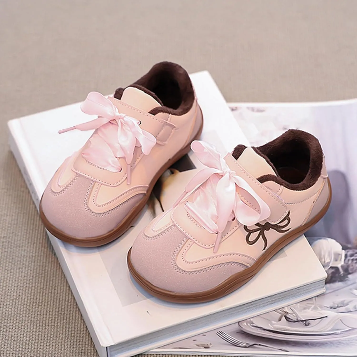 Girls Bowknot Plush Thicken Platform Sneakers Comfortable Casual Fashion Classic Soccer Tennis Girls Shoes Size 6