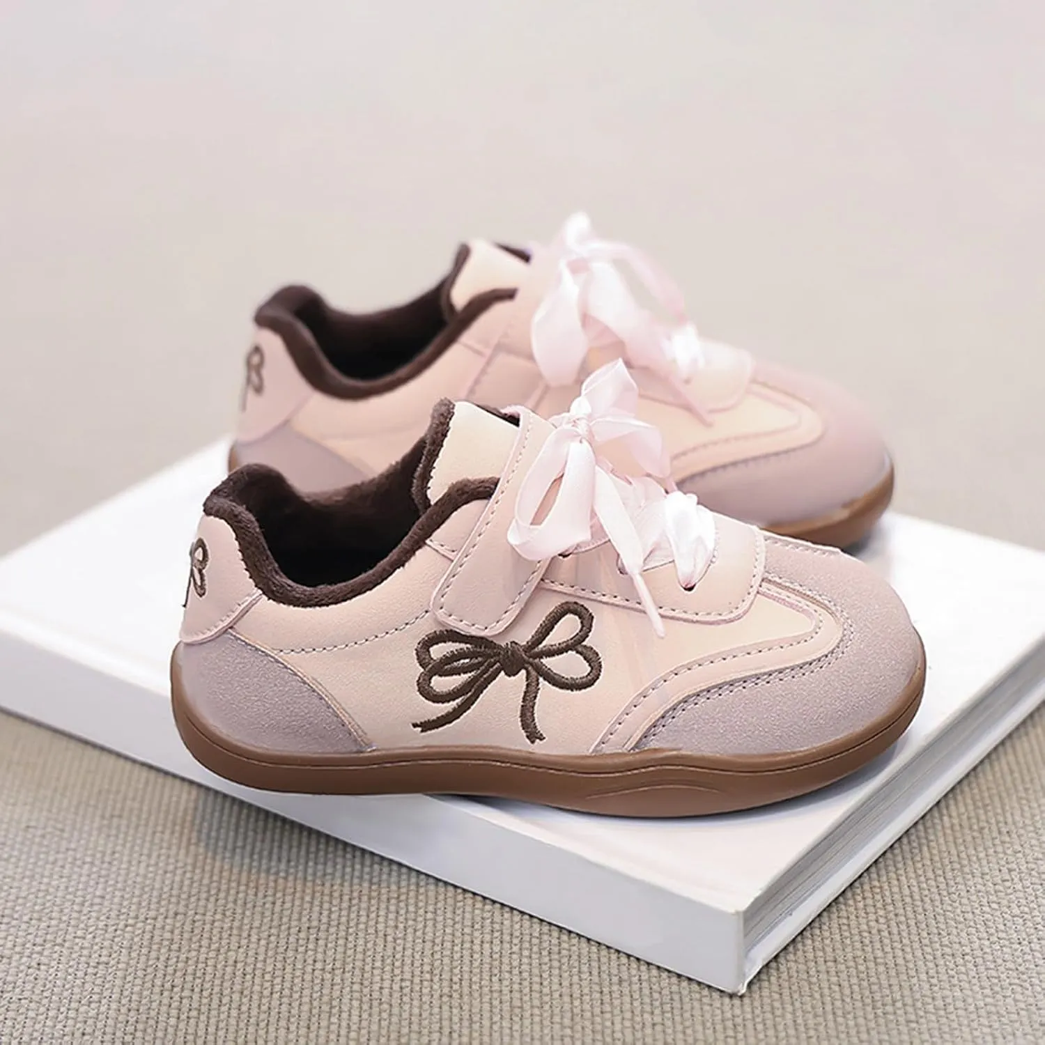 Girls Bowknot Plush Thicken Platform Sneakers Comfortable Casual Fashion Classic Soccer Tennis Girls Shoes Size 6