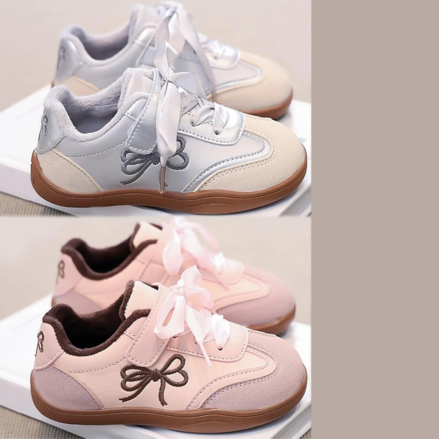 Girls Bowknot Plush Thicken Platform Sneakers Comfortable Casual Fashion Classic Soccer Tennis Girls Shoes Size 6