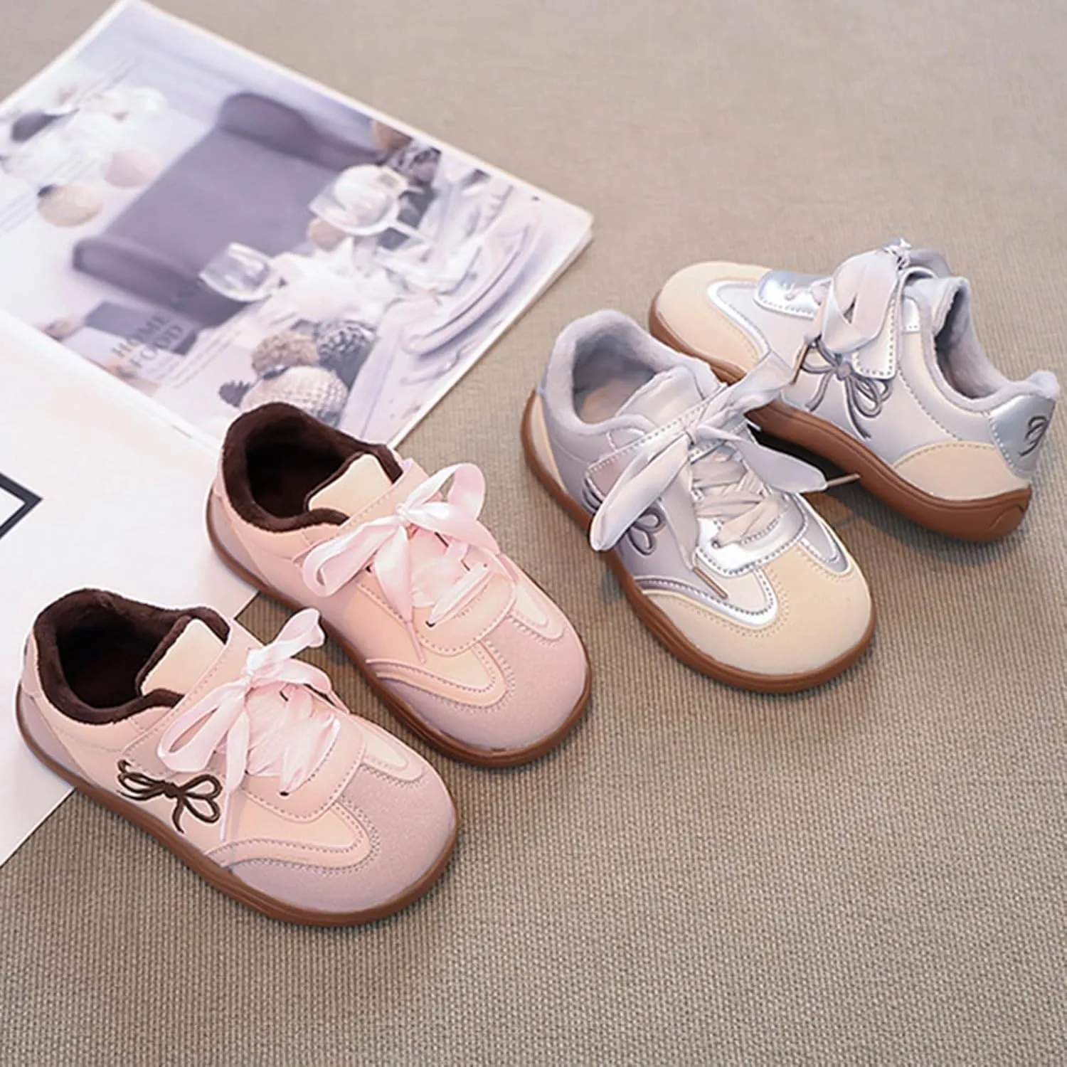 Girls Bowknot Plush Thicken Platform Sneakers Comfortable Casual Fashion Classic Soccer Tennis Girls Shoes Size 6