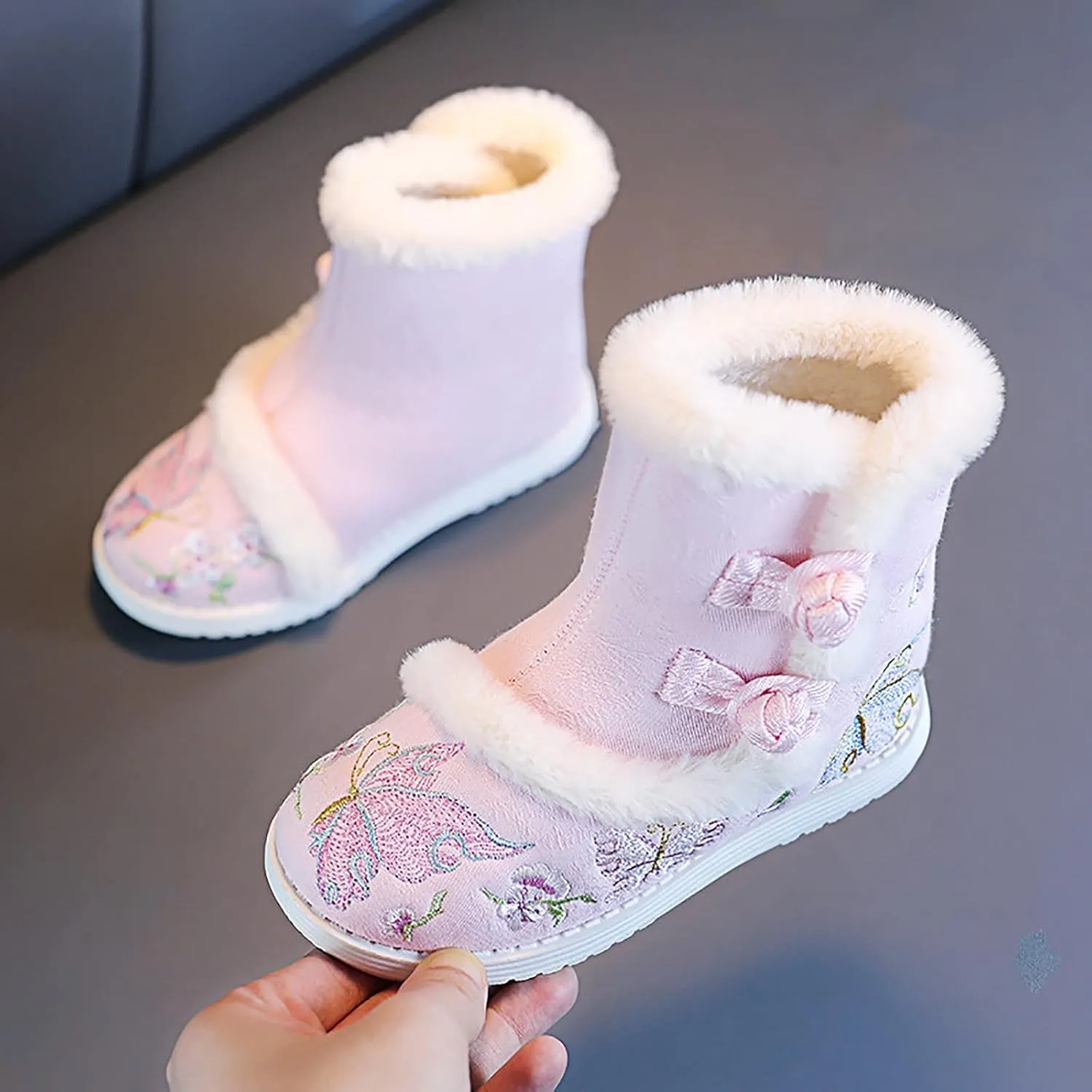 Girls Embroidery Print Ankle Boots Soft Cozy Warm Socks Butterfly Shoes Infant Boy Girl Plush Lined Boots
