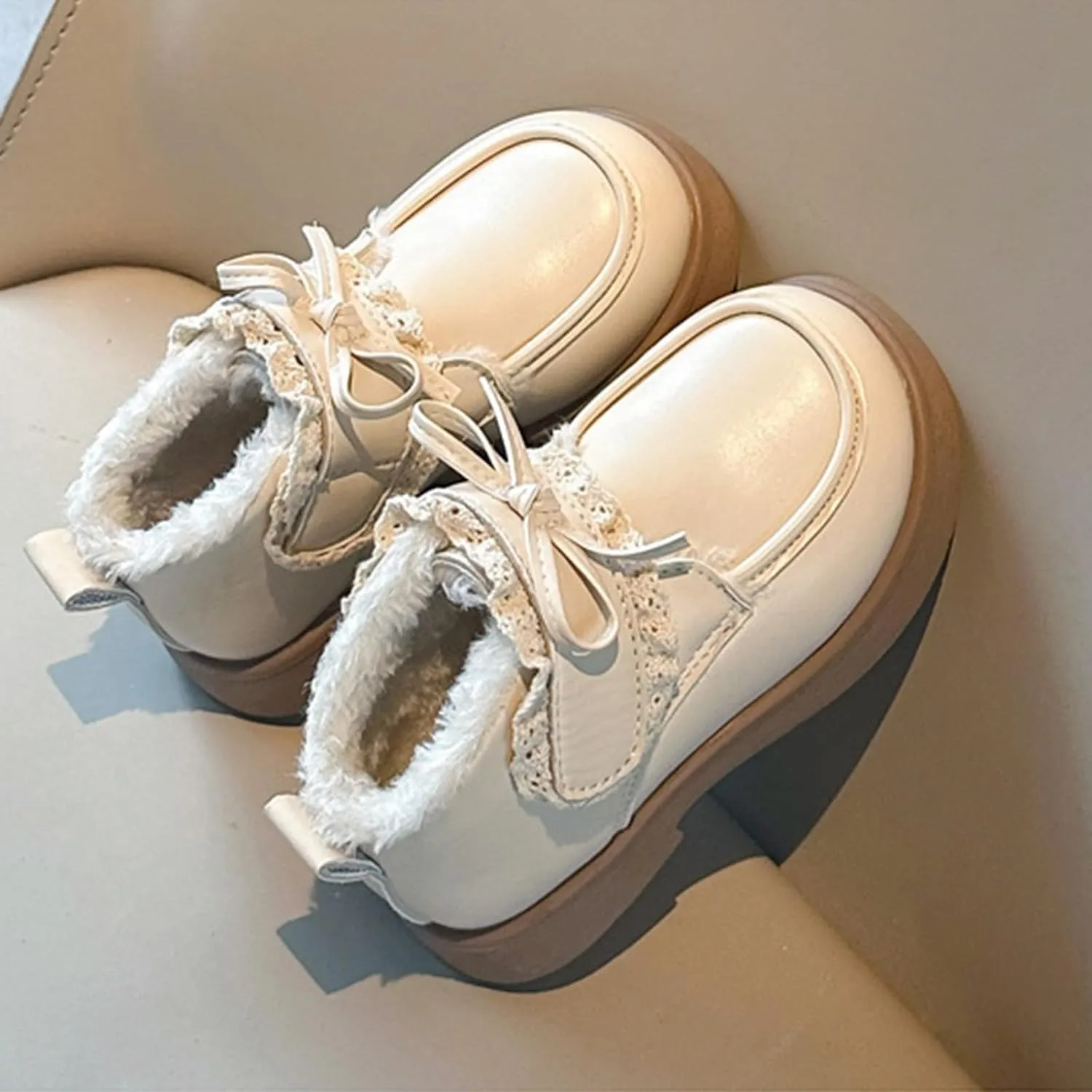 Girls Plush Liner Ankle Boots Toddler Leather Lace up Snow Boots Comfortable Warm Walking Boots Outdoor