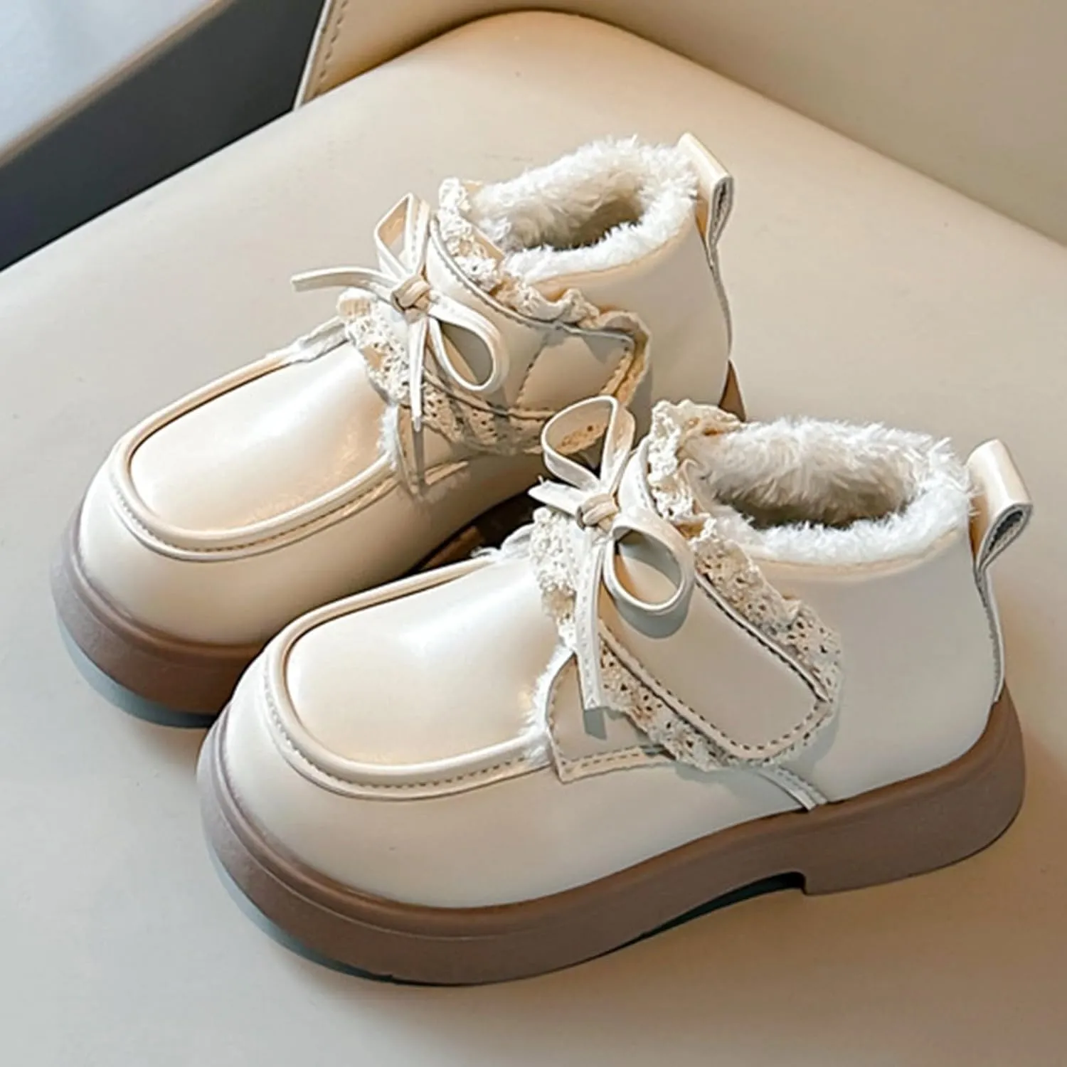 Girls Plush Liner Ankle Boots Toddler Leather Lace up Snow Boots Comfortable Warm Walking Boots Outdoor