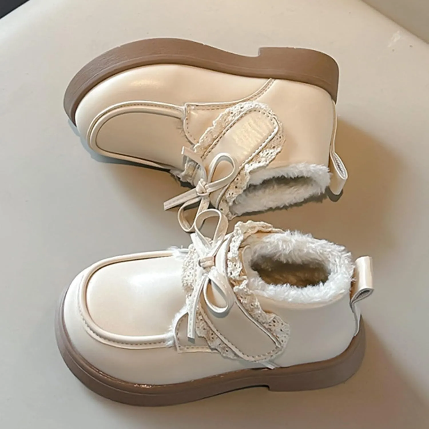 Girls Plush Liner Ankle Boots Toddler Leather Lace up Snow Boots Comfortable Warm Walking Boots Outdoor