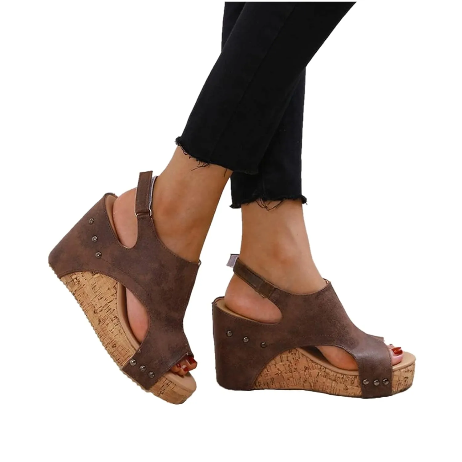 HINDOLA Women's Platform Sandals Wedge Ankle Strap Open Toe Sandals Summer Leather Espadrilles Shoes