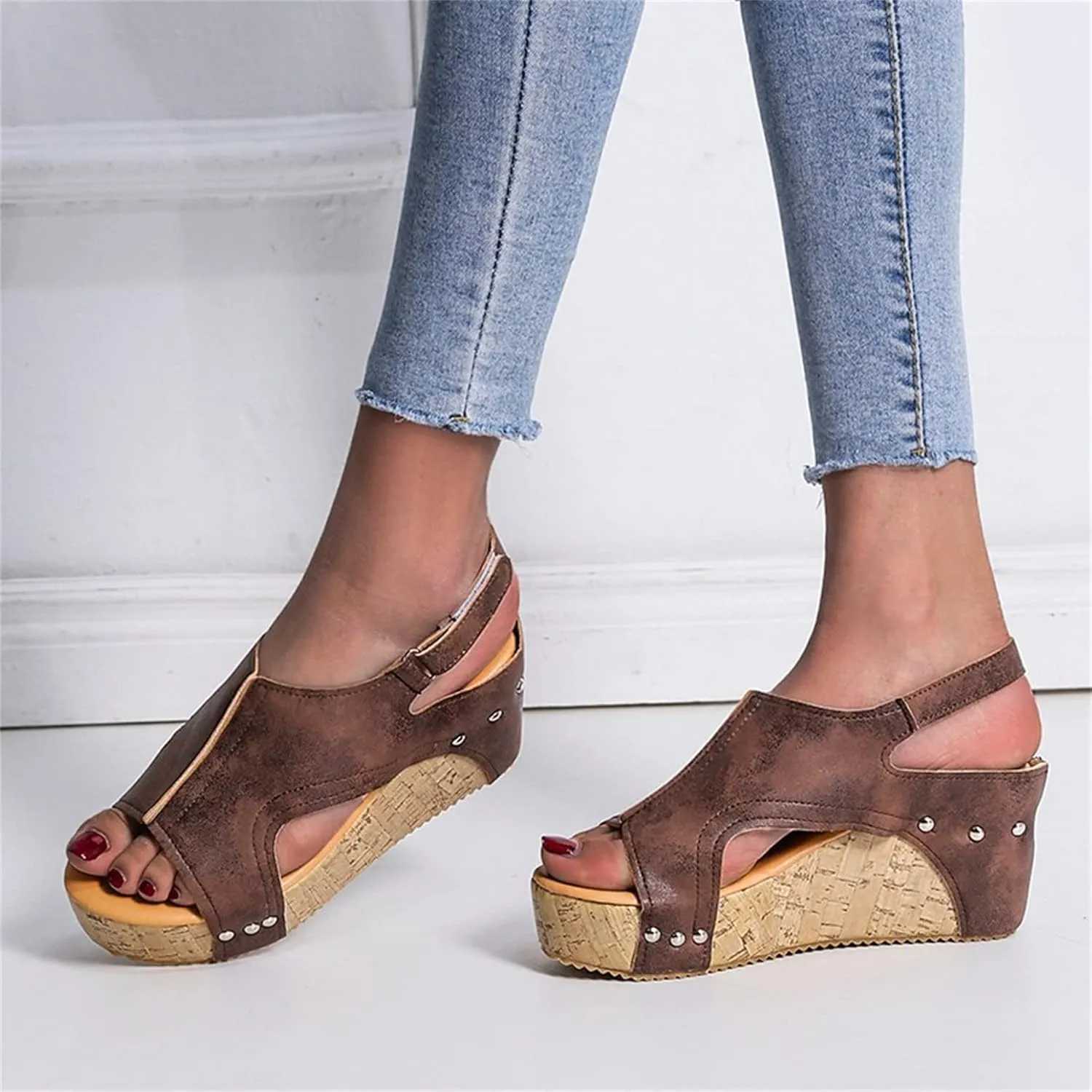 HINDOLA Women's Platform Sandals Wedge Ankle Strap Open Toe Sandals Summer Leather Espadrilles Shoes