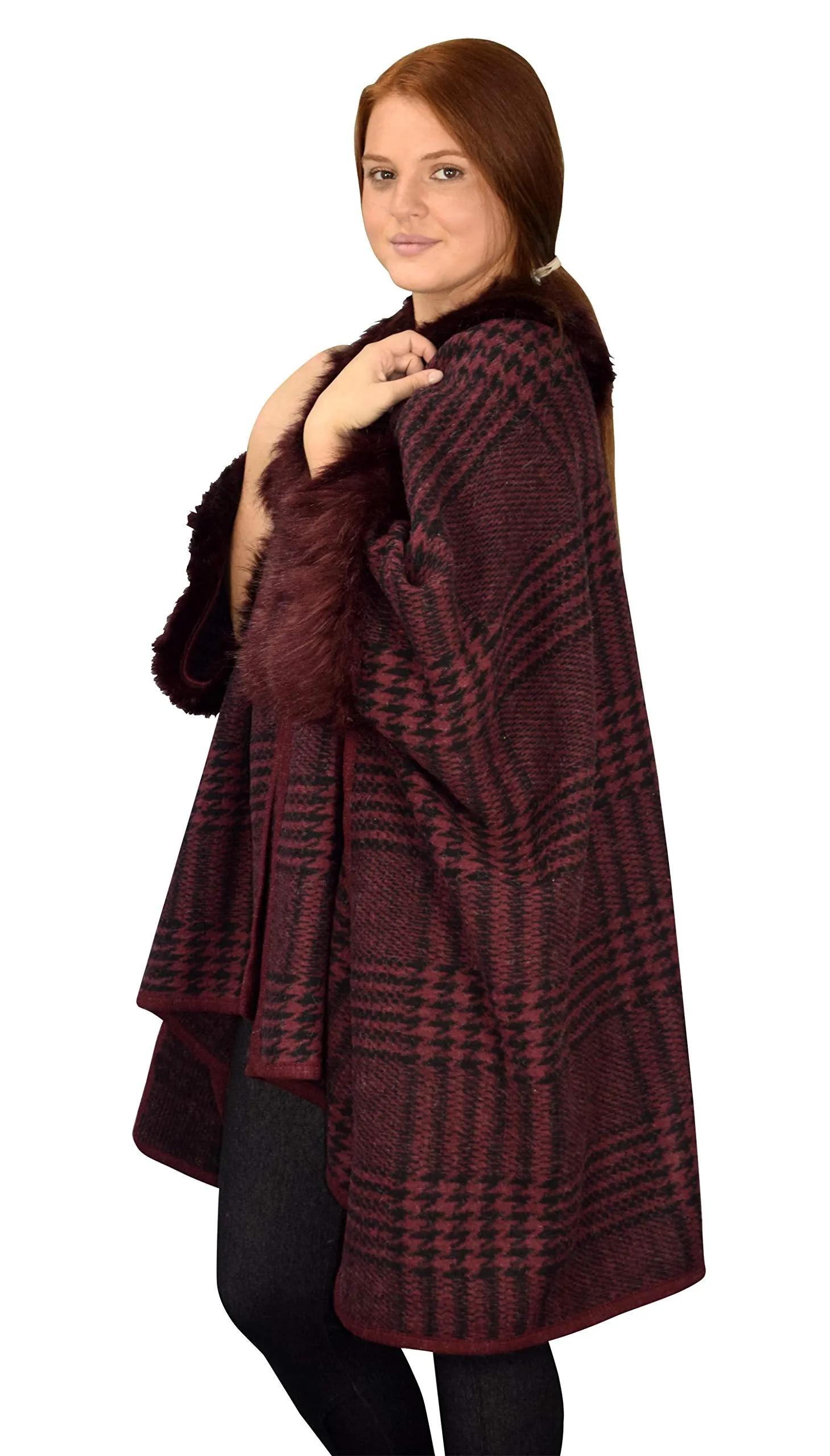 Houndstooth Print Faux Fur Poncho Sweater