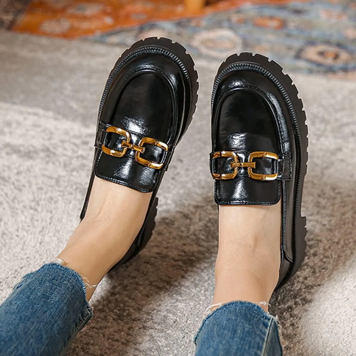 JOEupin Women's Chunky Heel Loafers Platform Patent Leather Chunky Loafers Leather Shoes with Metal