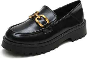 JOEupin Women's Chunky Heel Loafers Platform Patent Leather Chunky Loafers Leather Shoes with Metal