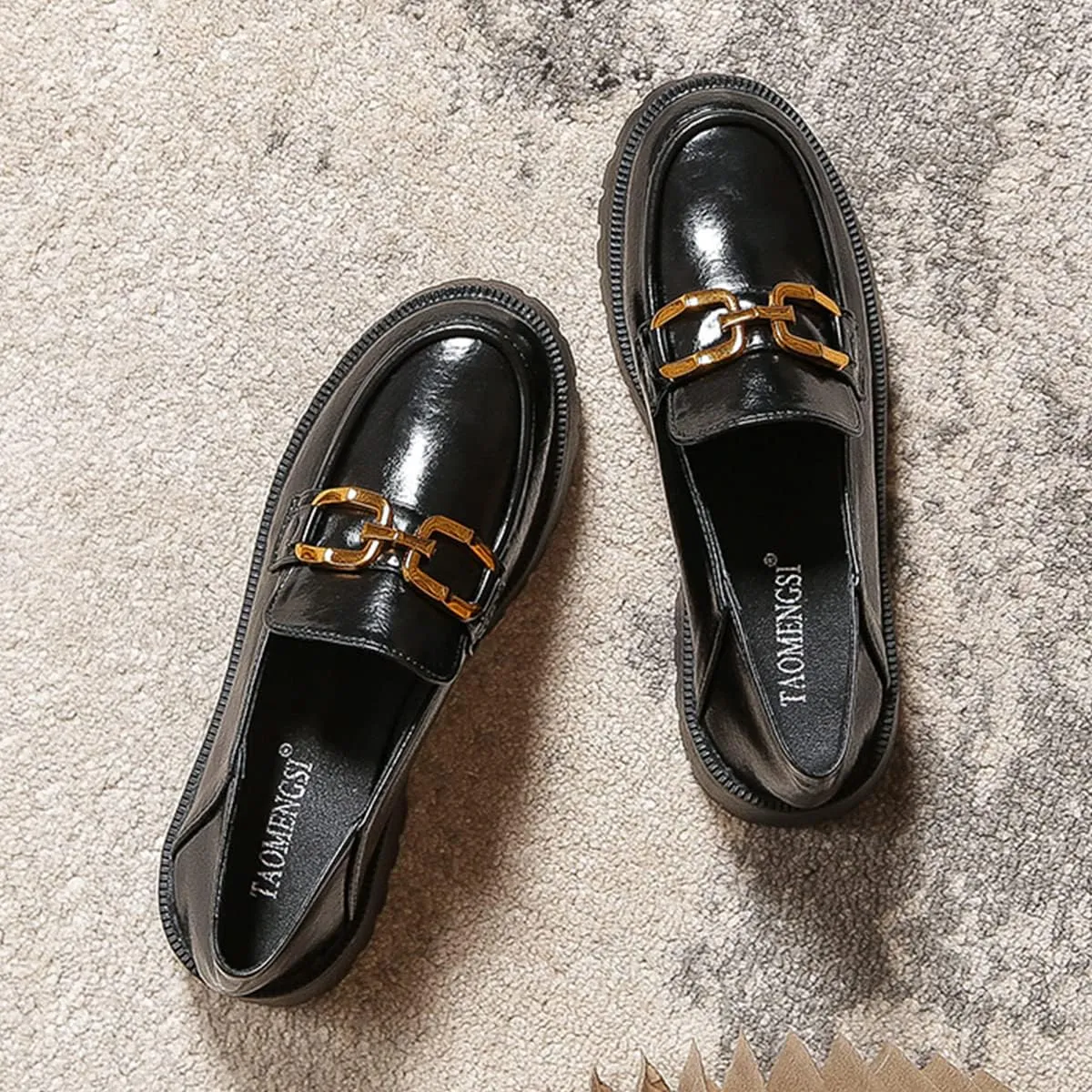 JOEupin Women's Chunky Heel Loafers Platform Patent Leather Chunky Loafers Leather Shoes with Metal