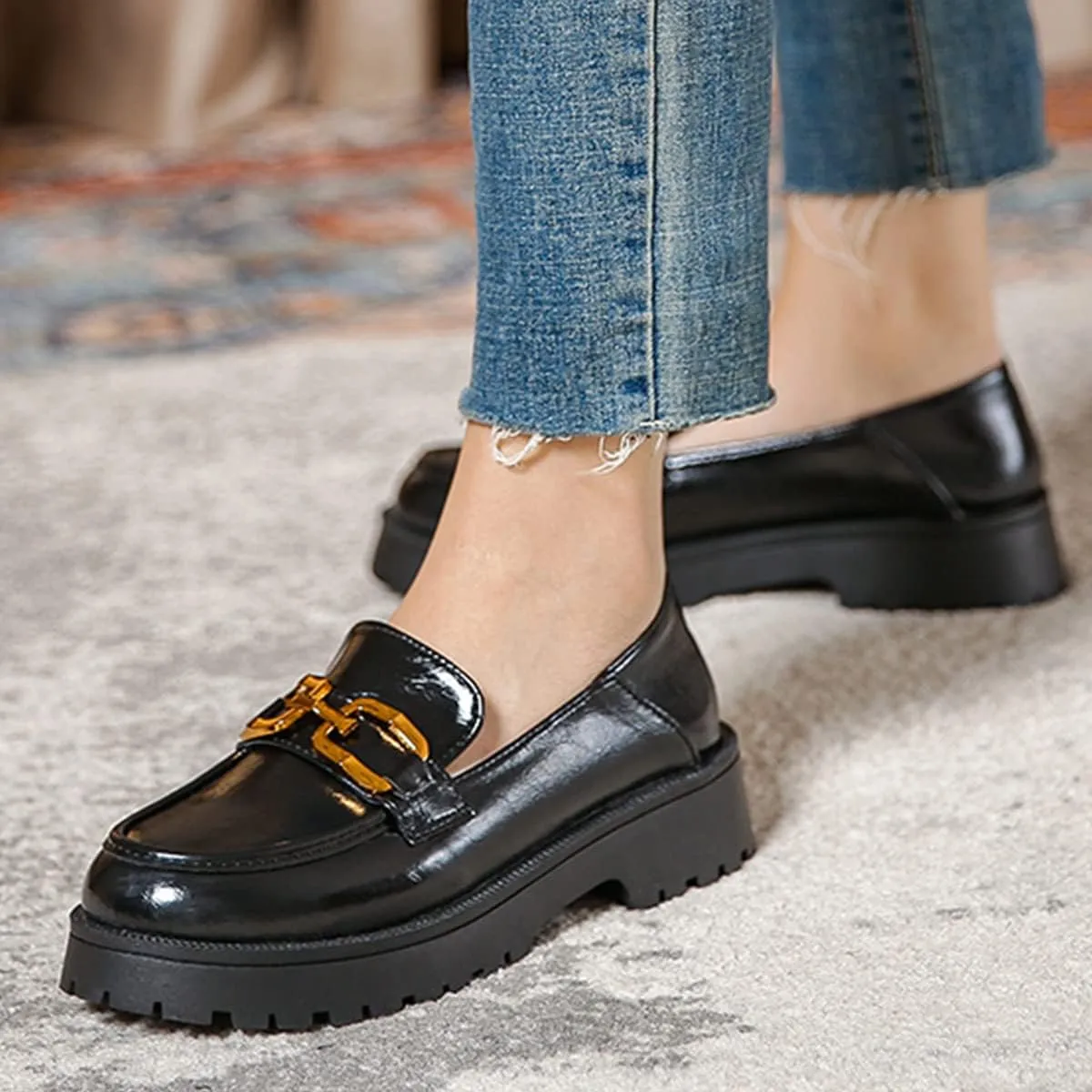 JOEupin Women's Chunky Heel Loafers Platform Patent Leather Chunky Loafers Leather Shoes with Metal