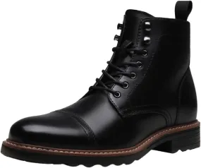 Jousen Leather Boots for Men Dress Retro Classic Design Mens Boots Cap Toe Boot Black Rubber Sole