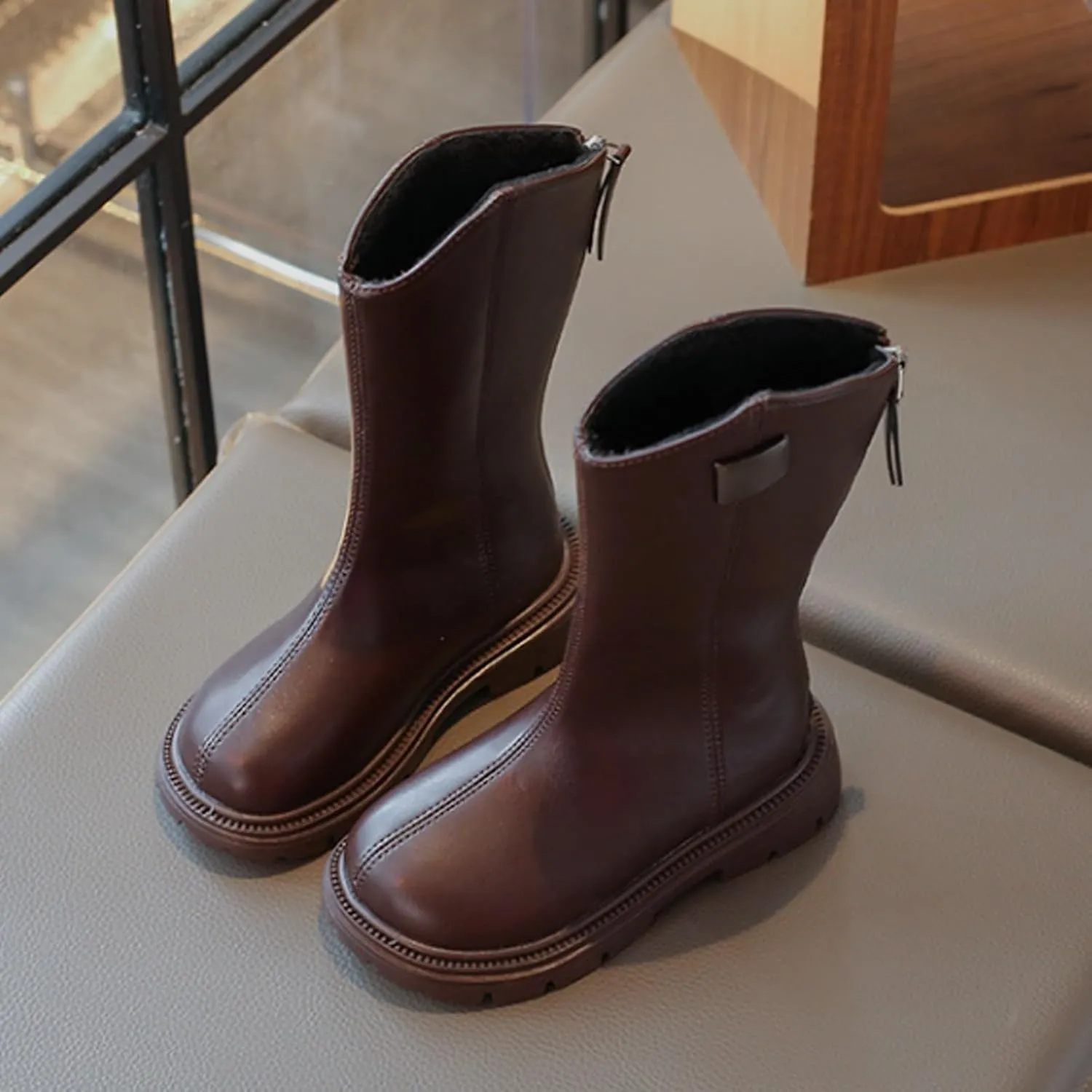 Kids Leather Snow High Boots Winter Back Side Zipper Ankle Shoes Toddler Warm Plush Lined Toddler Boot Outdoor