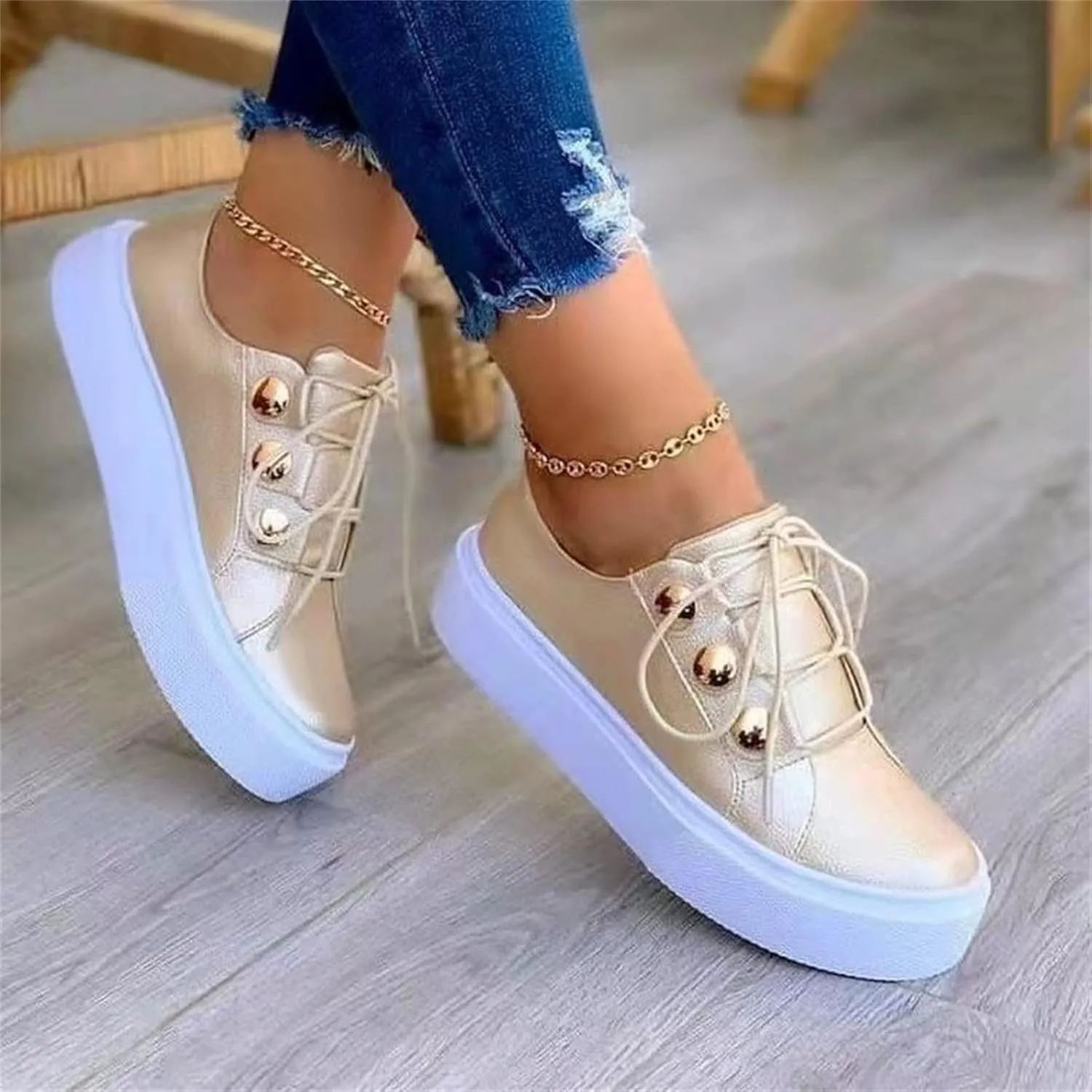 Lausiuoe Shoes For Women Sneakers Trendy Low Top Leather Walking Shoes Fashion Lightweight Comfortable Flat Loafers