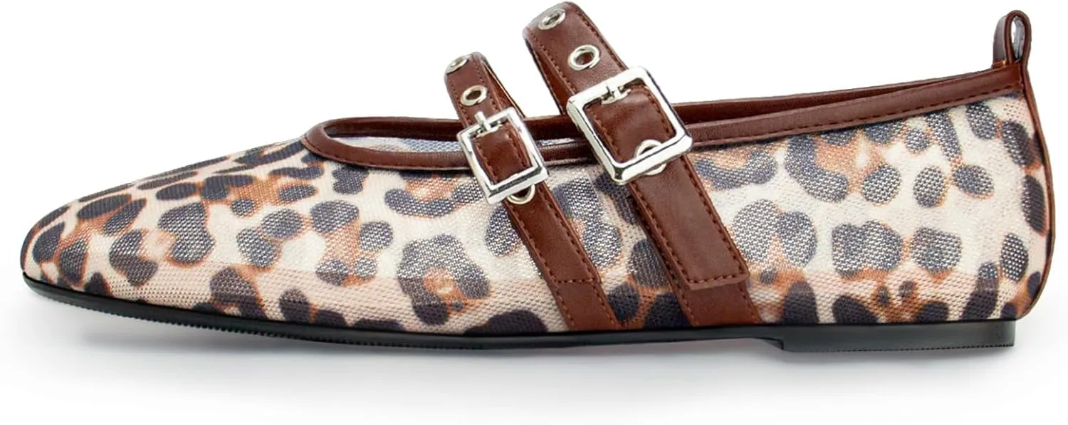Leopard Flats for Women Mesh Flats Ballet Flats Mary Jane Flats Women's Dress Shoes Ballet Shoes