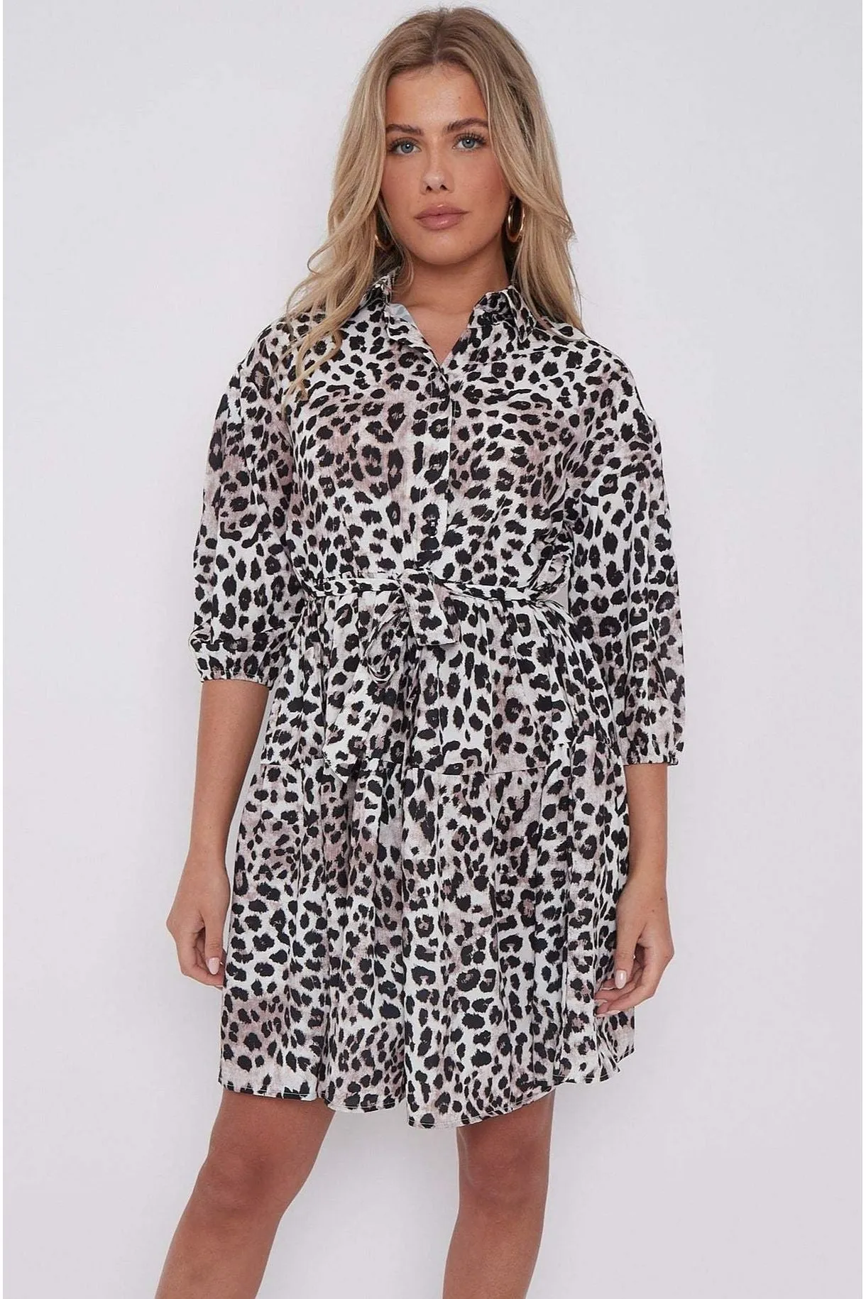 LOVE SUNSHINE Taupe Leopard Print Oversized Smock Mini Dress