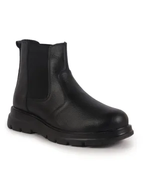 Men Black Genuine Leather Slip On Boots|Chelsea Work Boots|Lightweight Memory Cushion Shoes|Formal Boots