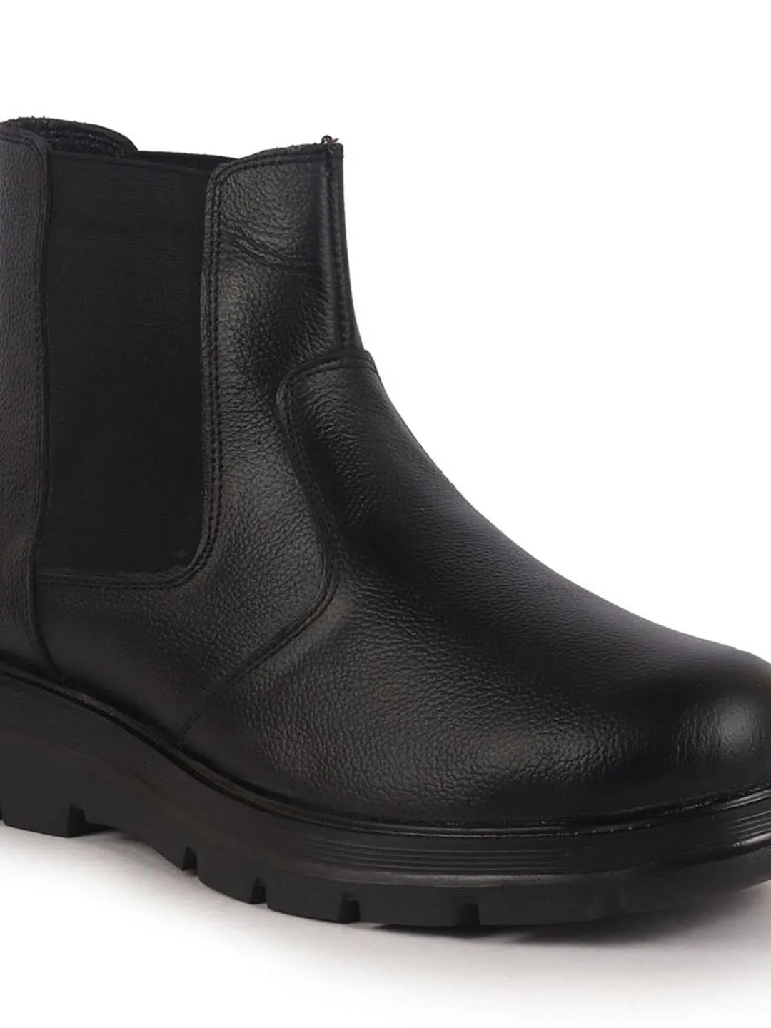 Men Black Genuine Leather Slip On Boots|Chelsea Work Boots|Lightweight Memory Cushion Shoes|Formal Boots