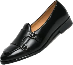 Men's Fashion Retro Double Buckle Handmade Leather Shoes Comfortable Slip On Double Monk Belgian Loafers for Business Casual Party Prom Smoking Shoes