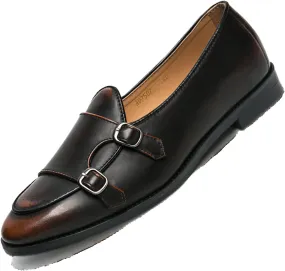 Men's Fashion Retro Double Buckle Handmade Leather Shoes Comfortable Slip On Double Monk Belgian Loafers for Business Casual Party Prom Smoking Shoes