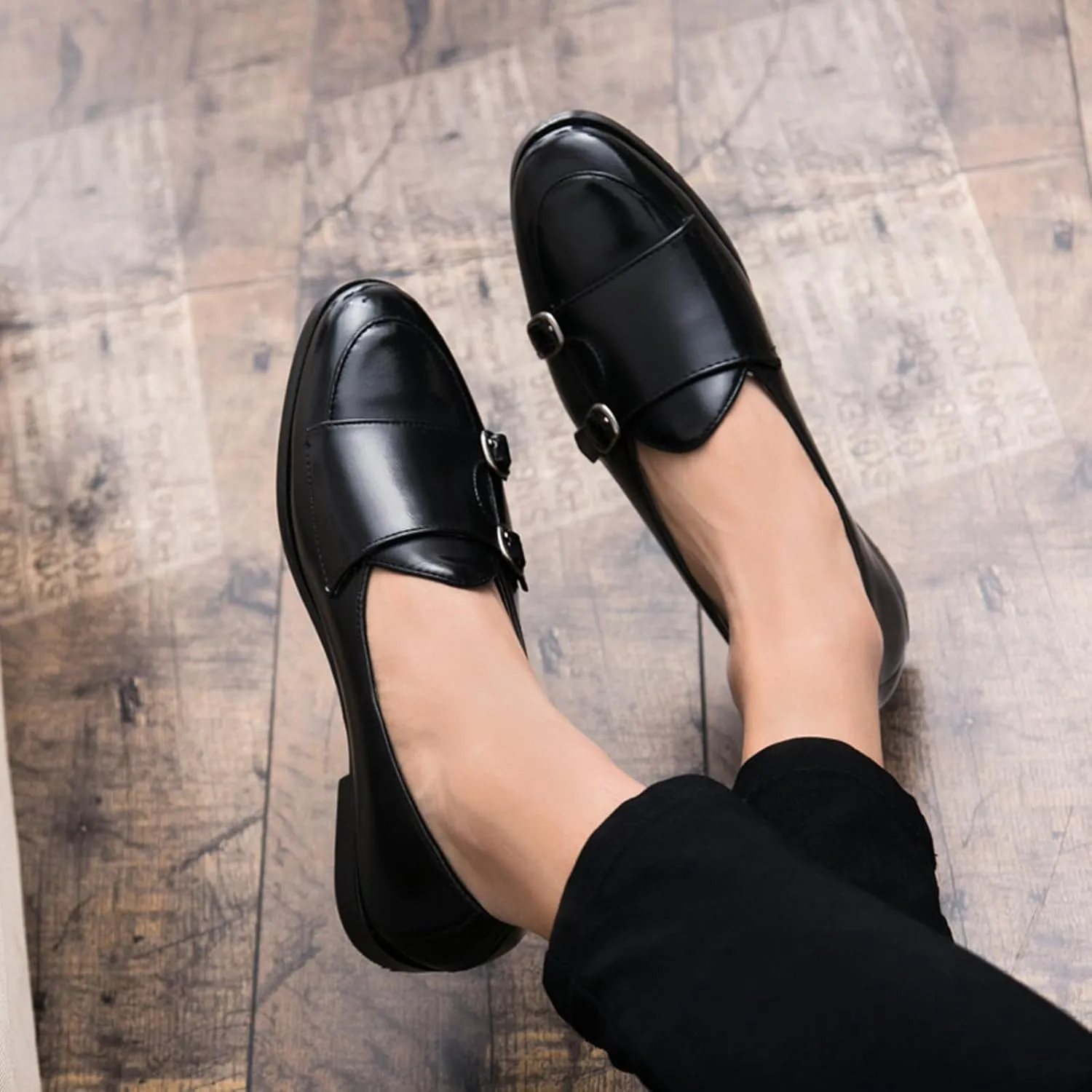 Men's Fashion Retro Double Buckle Handmade Leather Shoes Comfortable Slip On Double Monk Belgian Loafers for Business Casual Party Prom Smoking Shoes